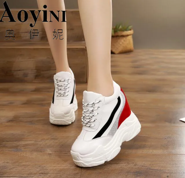 

2019 Autumn Wedges Shoes Woman Platform Sneakers Lace Up Hidden Heel Height Increasing 11cm Casual Shoes For Women