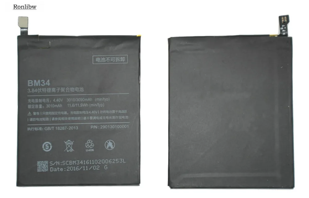Ronlibw Высококачественная батарея для Xiaomi Phone BM34 BM 343010mAh 3 84 V запасная Mi Note Pro