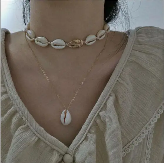 

1set New Fashion Sea Shell Choker Necklace Rope Chain Natural Seashell Jewelry Simple Collar Necklace for Women 8530