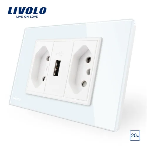 Livolo бразильский/Итальянский стандарт 3 контакта 20А+ USB розетка, белая стеклянная панель без вилки, C9C2UBR2-11 - Тип: White