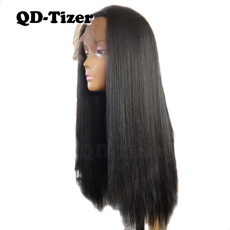 

QD-Tizer Yaki Straight Synthetic Lace Front Wig Middle Part Long Black Glueless Heat Resistant Fiber Hair for African American