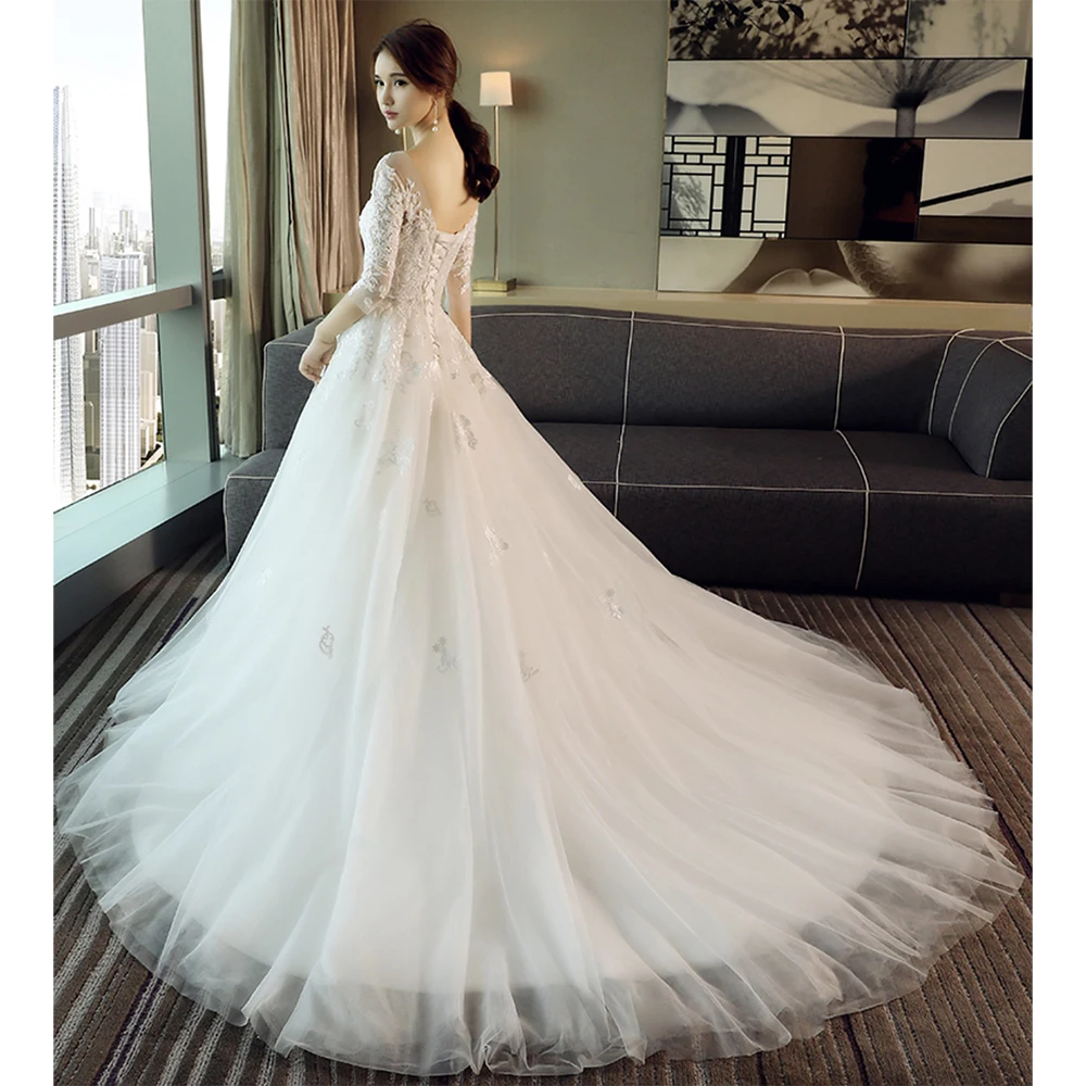 Fansmile Иллюзия рукава Vestido De Noiva кружева свадебное платье Тюль под заказ плюс размер Свадебный платья платье FSM-474T