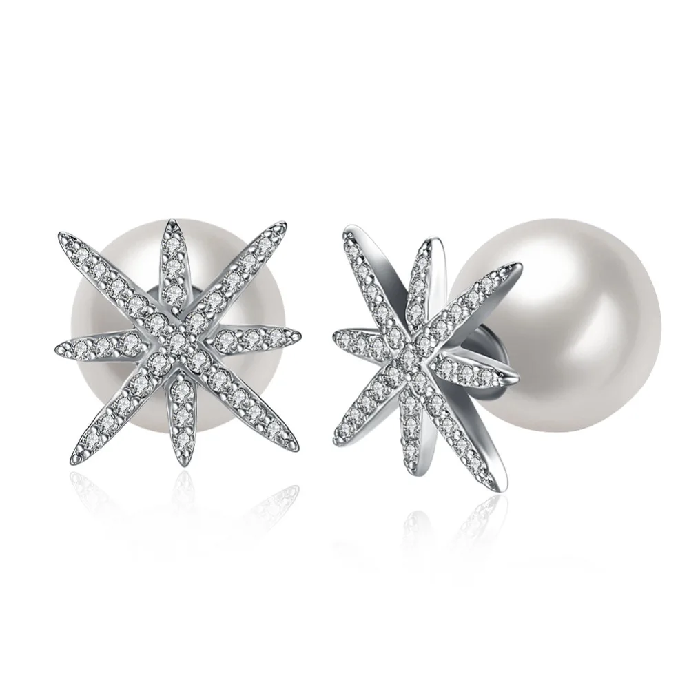 

925sterling silver earring stud cute snow flower with CZ stone big white pearl ball earring stud women fashion trendy jewerly