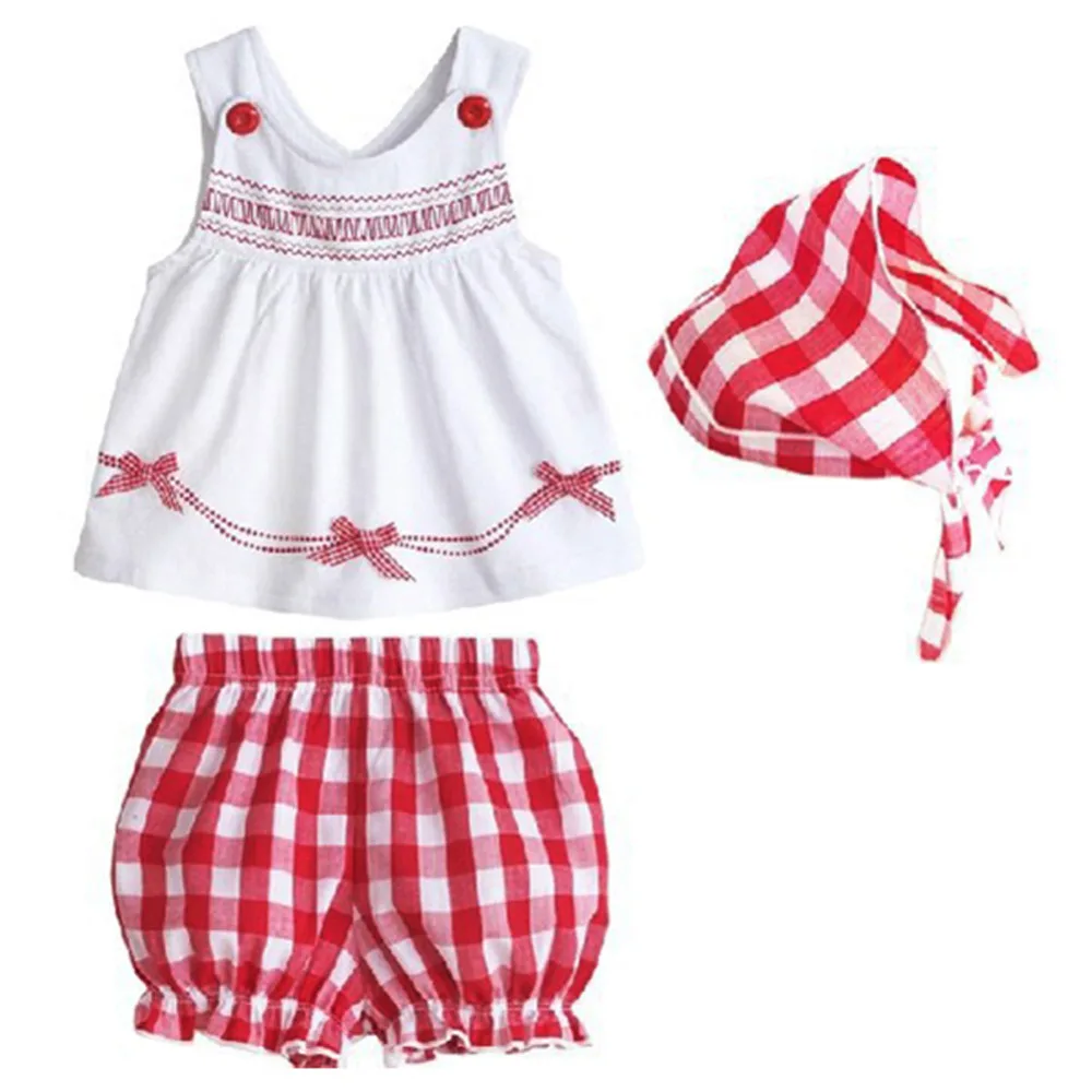 

BOBORA 3Pcs Toddler Newborn Summer Baby Clothes Girls White Vest Tops+ Plaid Shorts+ Scarf Clothes Set