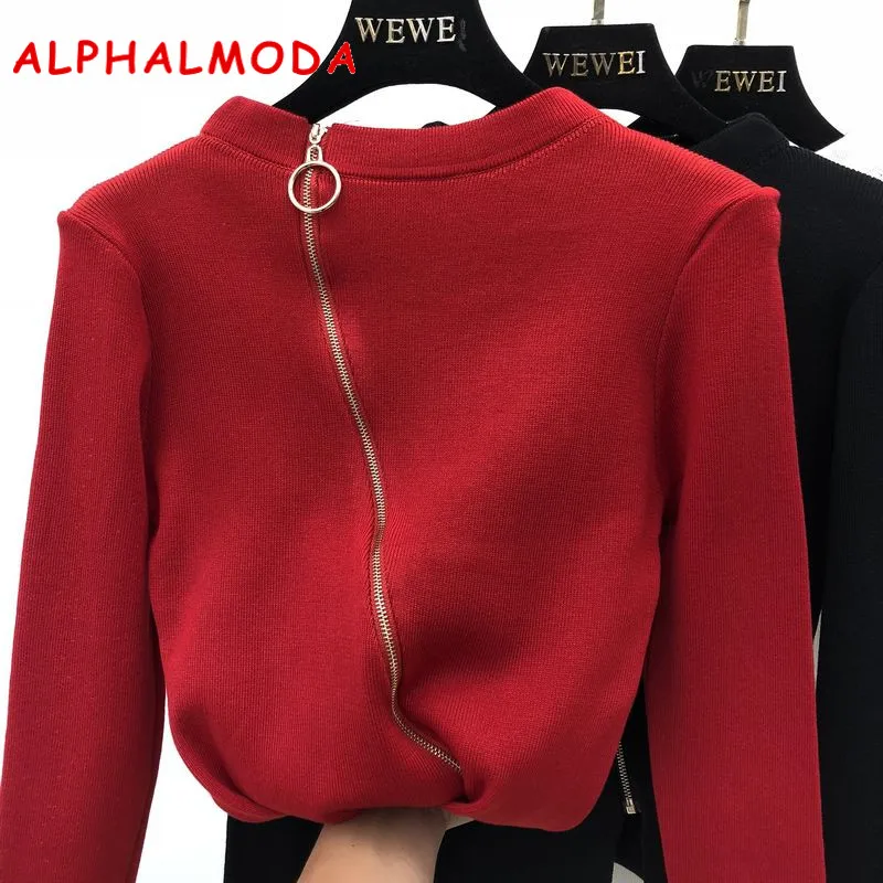 ALPHALMODA косой пуловер с косой молнией сексуальные свитера сплошной цвет Slim Fit с длинными рукавами женские зимние нижние трикотажные свитера