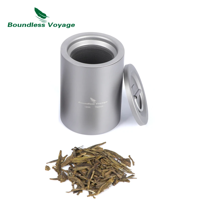 Boundless Voyage 180 ml titanio doble capa taza acampar al aire libre juego de té con filtro de té, tapa, bolso de lazo Ti1501B