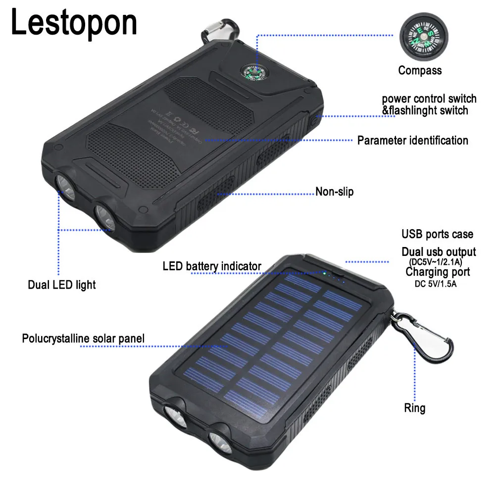 Внешний аккумулятор на солнечной батарее, 20000 мА/ч, двойной USB, внешний, водонепроницаемый, полимерный аккумулятор, зарядное устройство, внешний свет, лампа, Powerbank Ferisi