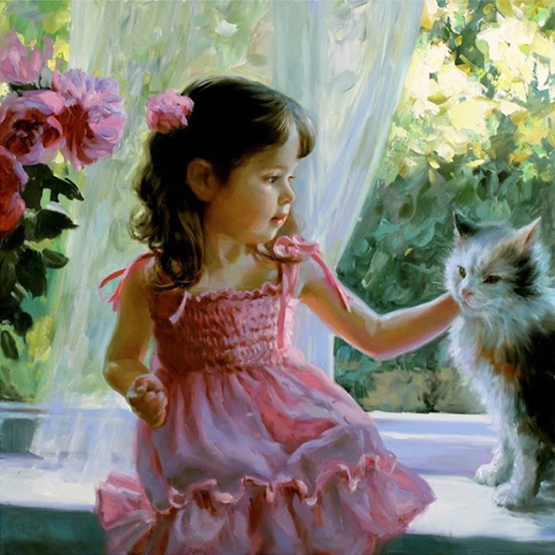 

5D Diy Diamond Painting Cross Stitch Cat With Girl Full Round Diamond Embroidery Rinestones Painting Diamond Mosaic Home Decor