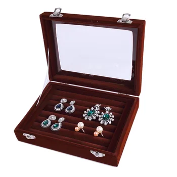

2017 Newest Brown 8 Booths Velvet Carrying Case with Glass Cover Jewelry Ring Display Box Tray Holder Storage Box Organizer