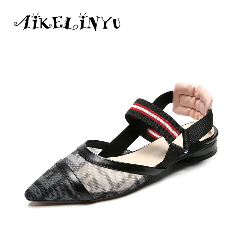 

AIKELINYU 2019 Unusual Stripe Mesh Air Summer Sandals Women Flat Pointed Toe Elastic Band Strappy Sandals Comfortable Rome Shoes