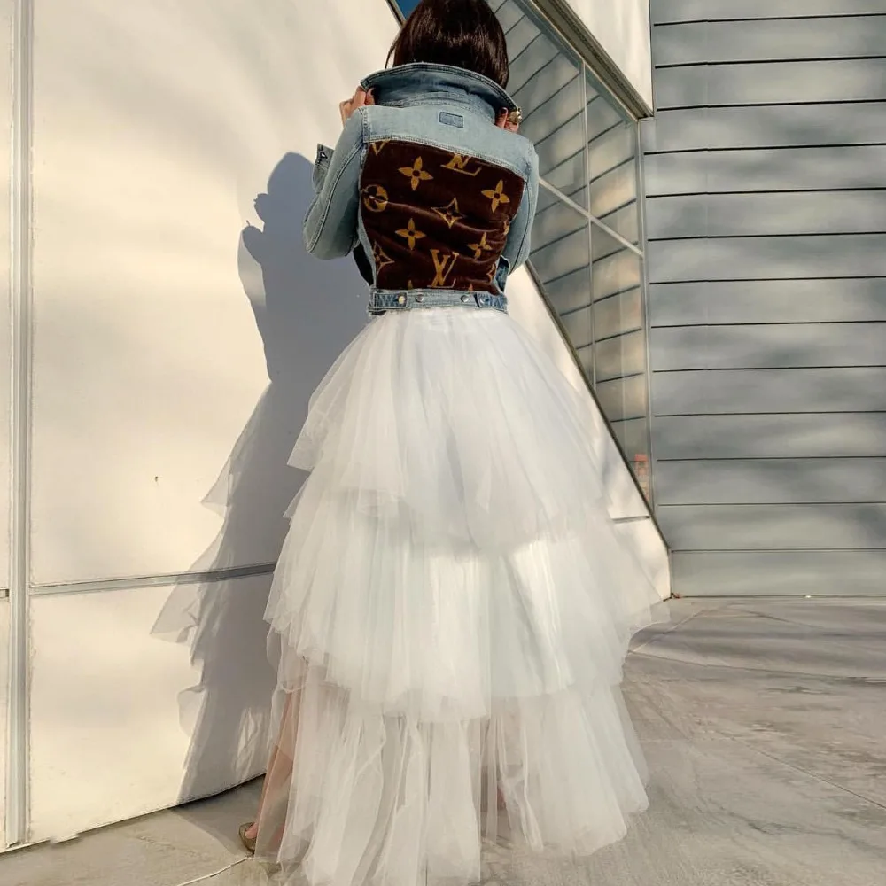 2019 пикантные белые Для женщин юбки высокая низкая талия на молнии ярусные оборки пол Длина макси для официального торжества выпускного