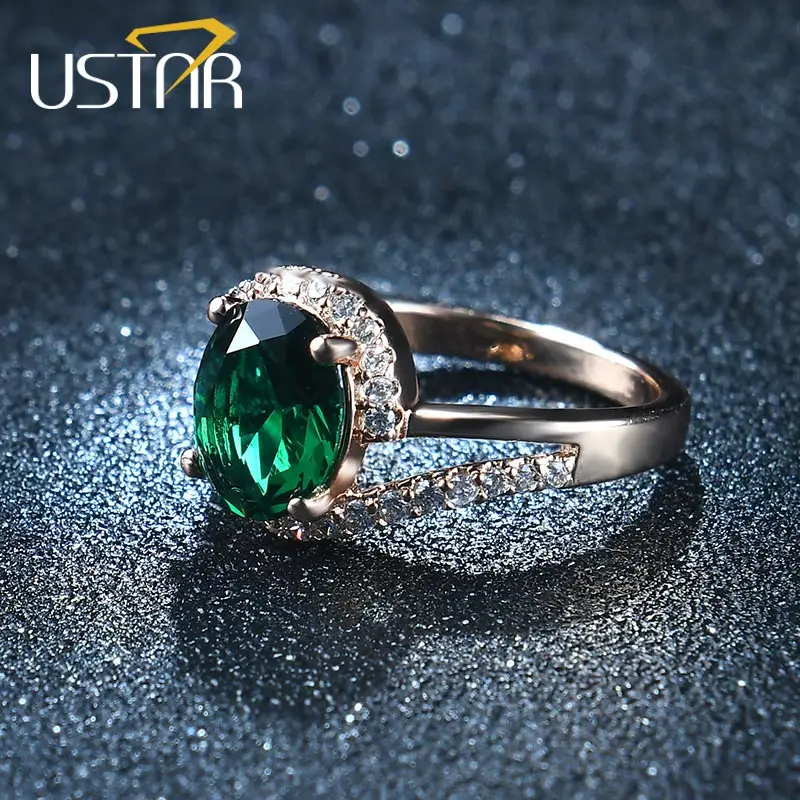 Женские свадебные кольца USTAR Овальные зеленые с фианитами 2.0ct цвета розового
