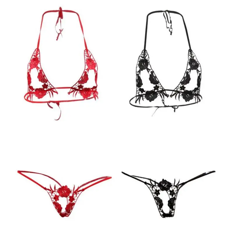 Women Sexy Underwear Transparent Lace Embroidery Floral Bra Set Cupless Open Bra + Open Crotch G string Panties Lingerie Set