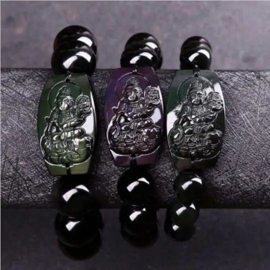 

free shipping New Bangle Bracelet 10MM Natural Rainbow eye Black Obsidian Carved Buddha Lucky
