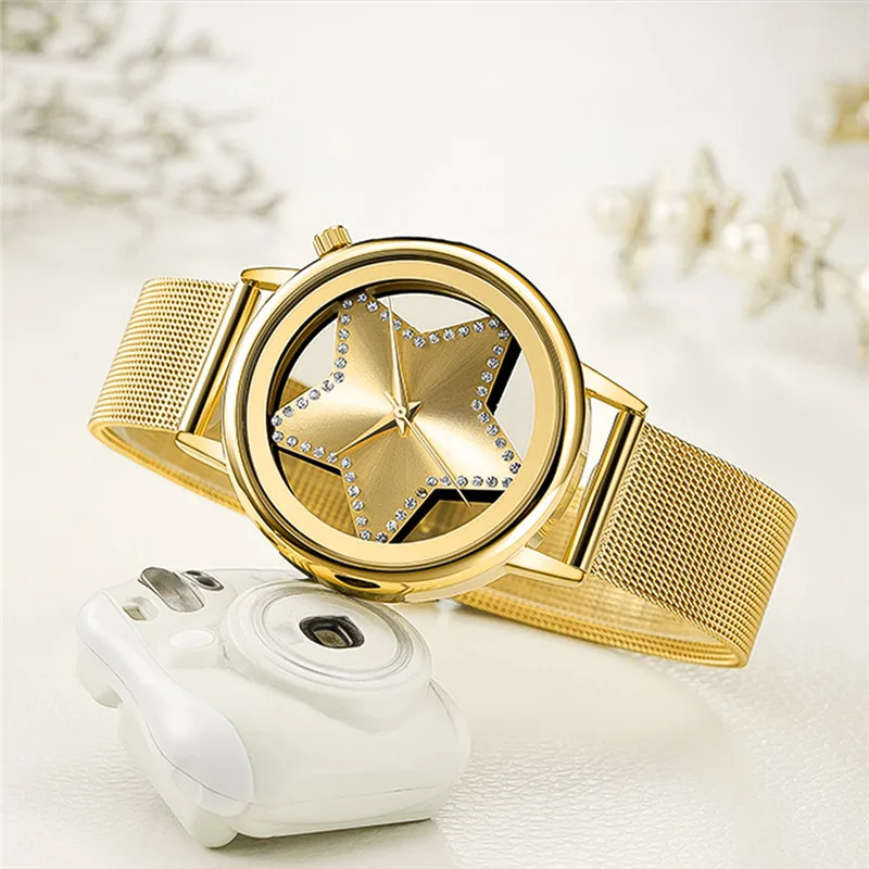 Роскошные Звездные женские наручные часы со стразами, креативное Открытое платье, часы для девочек, розовое золото, серебро, сталь, сетка, дамский браслет, наручные часы 45