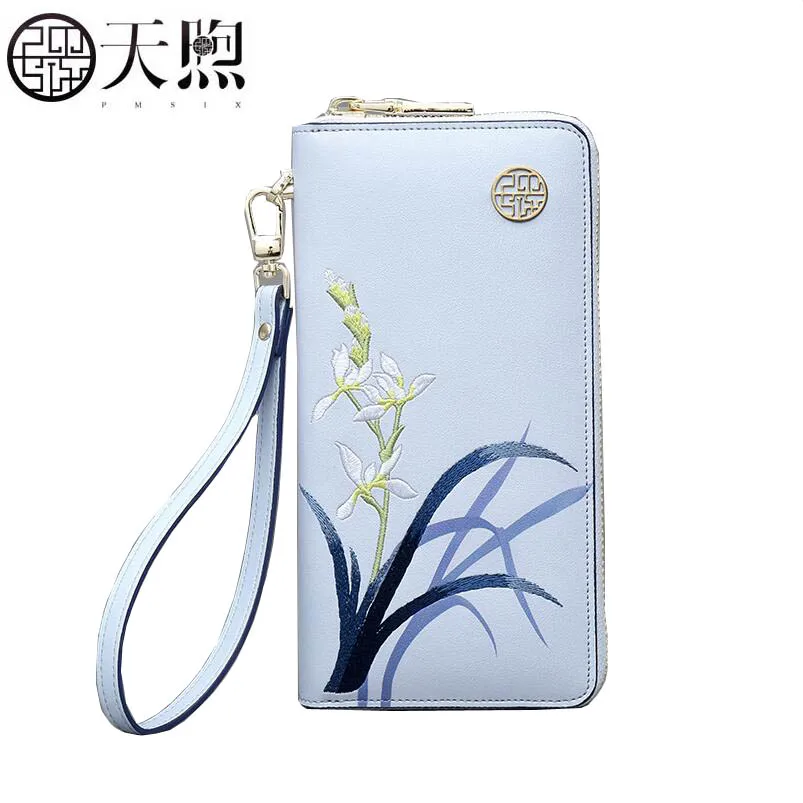 

Pmsix2018 new luxury fashion high-end leather brand national wind embroidery long zipper embroidered handbag leather clutch