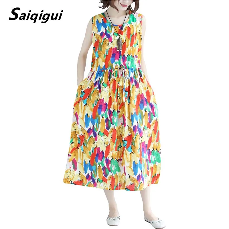 

Saiqigui 2019 spring summer dress Korea sleeveless women dress casual Loose A-Line cotton Linen dress vestidos robe femme