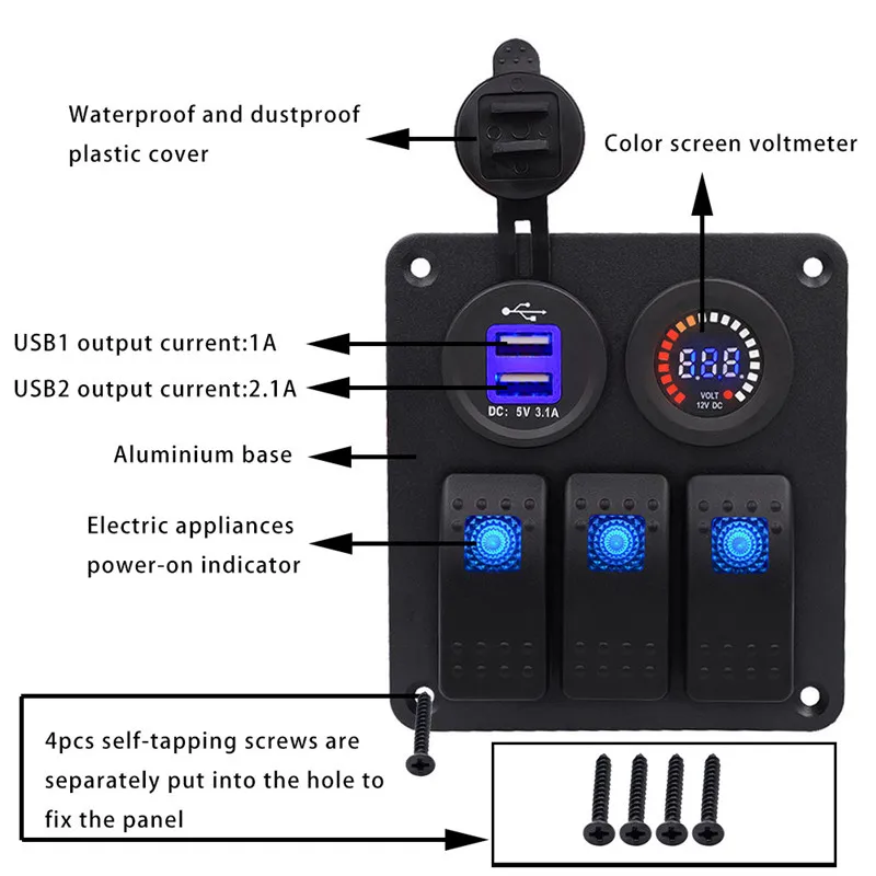 New Arrival 3 Gang Waterproof Marine Blue Led Switch Panel With Power Socket Voltmeter 170919 | Автомобили и мотоциклы