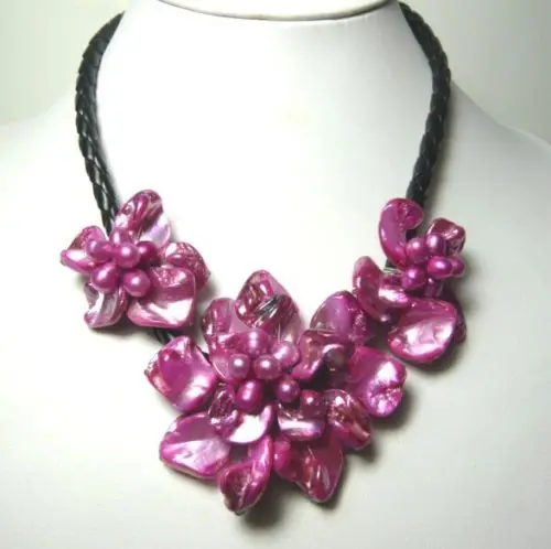 

shipping stunning big handmade baroque shell pearl flower leather necklace 17"A1
