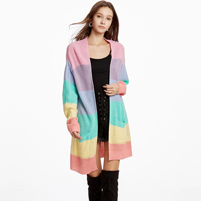 

2019 Autumn Women Cardigan Colorful Stripe Knitted Sweater For Women Loose Cardigans Sweater Casaco Feminino Pull Femme Dropship