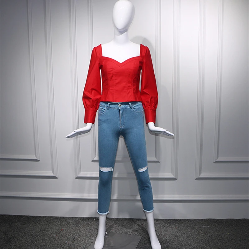 2018 Autumn Star Street Shooting Women Set Slim Waist Red V-neck Puff Sleeve Long Sleeve Cotton Top + Casual Shredded Jeans Women's Sets