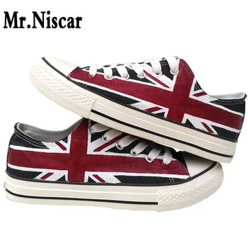 

Mr.Niscar Design Custom Hand Painted Shoes Casual UK Flag Low Top Men Unisex Black Union Jack Canvas Sneakers for Birthday Gifts
