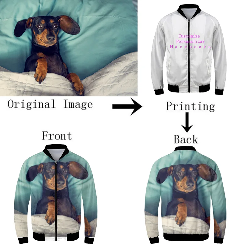 

Customized Individual Image Name Logo Men's Bomber Jacket Cool Coats Stand-Up Collar Long Sleeves Ribbed Cuffs Casual Outerwear