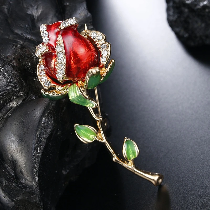 Rhinestone Enamel Red Rose Brooches For Women Alloy Flower Weddings Banquet Party Brooches Valentine Day Gifts 