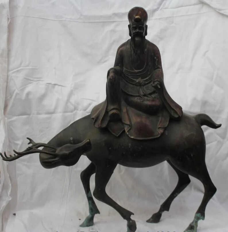 

song voge gem S1929 24" Chinese Purple Bronze Longevity Star Long Life God Ride Deer Statue Figure