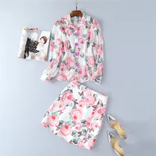 2018 Designer Runway Suit Set Women’s 2 Piece Noble Floral Print Long Sleeve Tops+Skirt Sets See Through Chiffon Blouses Shirt