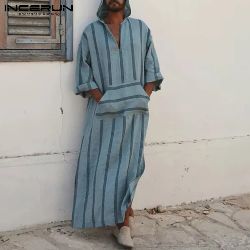 

Autumn Men Casual Long Shirts Dress Striped Print Long Sleeve Deep V-Neck Shirt Baggy Loose Tee Tops Big Pockets 5XL New Arrival