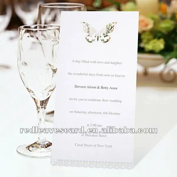 new arrival 300pcs laser butterfly wedding menu card and invitation wedding invitation cards size