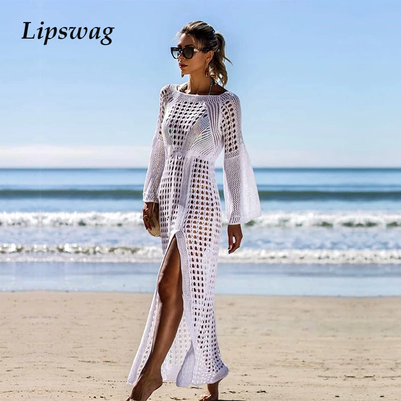 

Women Mesh Tunic Robe Cover up dress women Knitted long Pareos Beachwear Hollow Out Crochet split Plage Cover Up Bathing suit