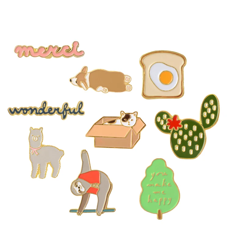 

Cute pins Cactus Tree Toast Cat Dog Sloth Alpaca "You Make Me Happy" Enamel pins Badges Cartoon Jewelry for women girl