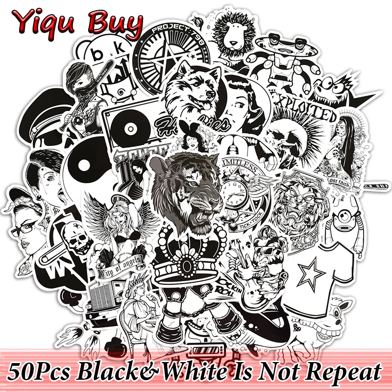 50 Pcs Black and White Cool Stickers for Laptop Car Skate Luggage Bicycle Motorcycle Toy JDM