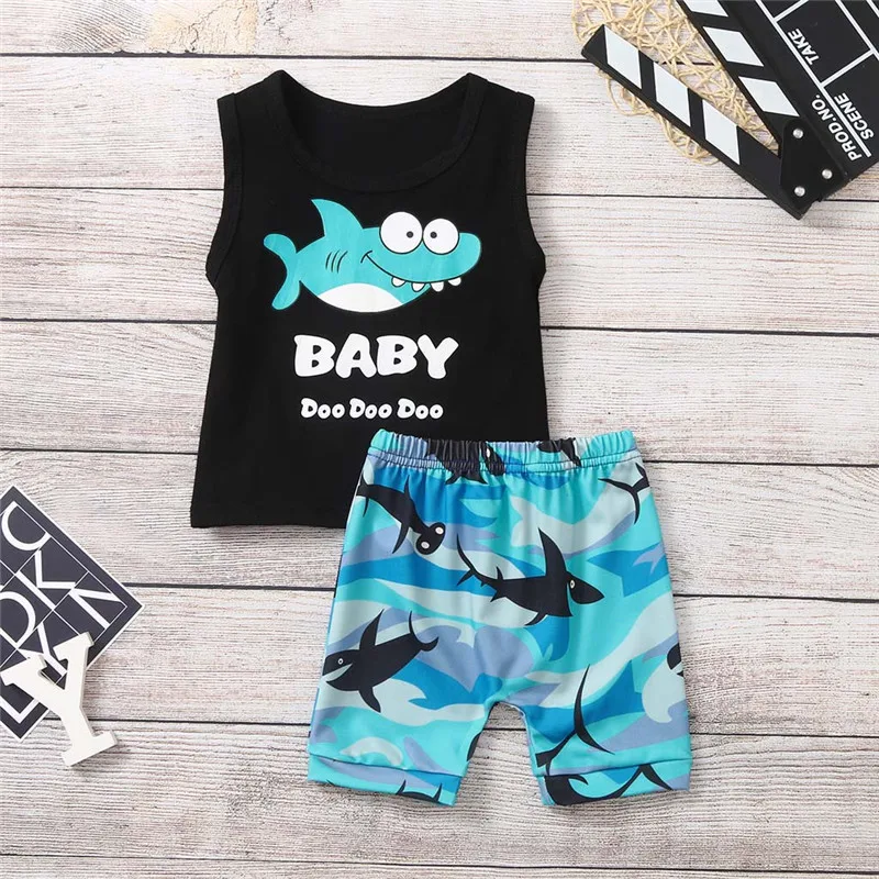 Boys clothes Infant Boy Kid Cartoon Shark Letter Printed Vest Tops+Shorts Outfits Set roupa infantil #4j24 (8)