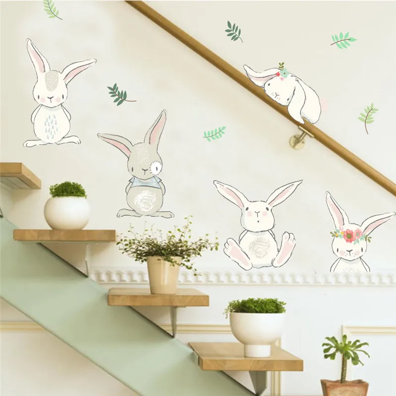 Lovely Rabbit Wall Stickers For Kids Room Decoration Cartoon Animals Bunny Mural Art Diy Home Decals Posters Children Gift