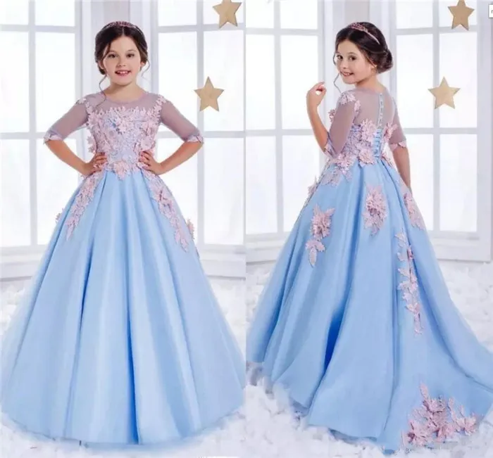 

New Girls Pageant Dresses Sky Blue Lace Illusion With 3D Floral Half Sleeves Kids Flower Girls Dress Ball Gown Birthday Dress