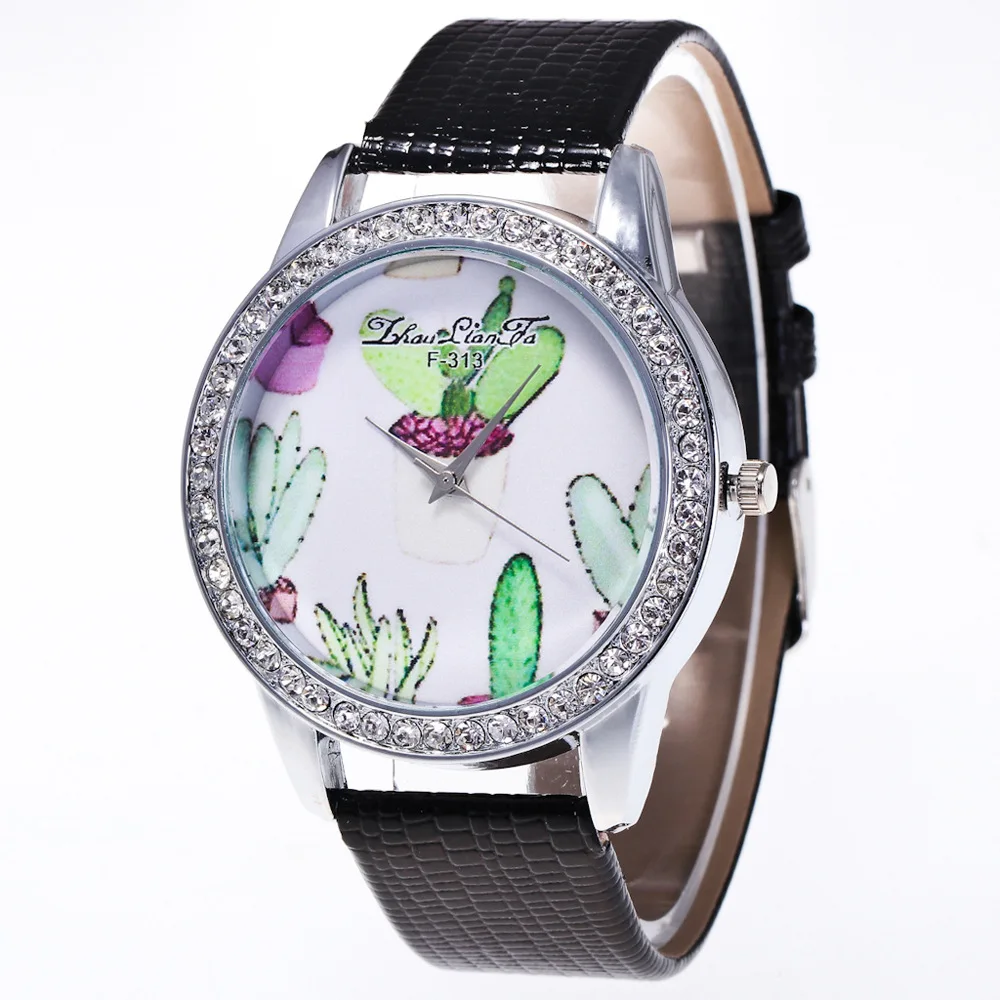 Plant Cactus Pattern Silver Diamond Alloy Dial Black Leather Strap Ladies font b Couples b font