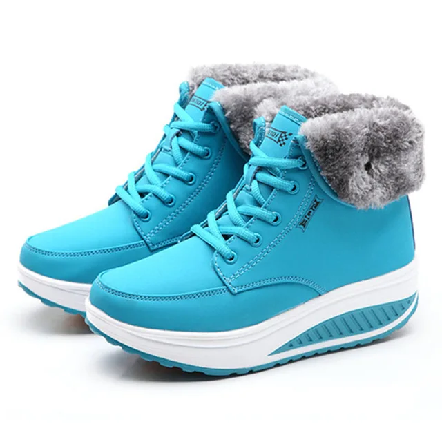 LAKESHI зимние ботинки; женские ботинки на танкетке; ботильоны для женщин; коллекция года; модные теплые зимние ботинки на меху; женская обувь на плоской платформе - Цвет: 6805-Blue