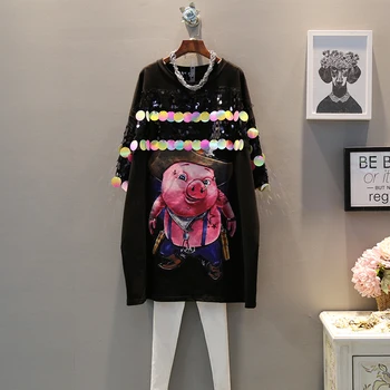 

2019 spring new trend fashion heavy work sequins cartoon fun cowboy pig loose long dress female