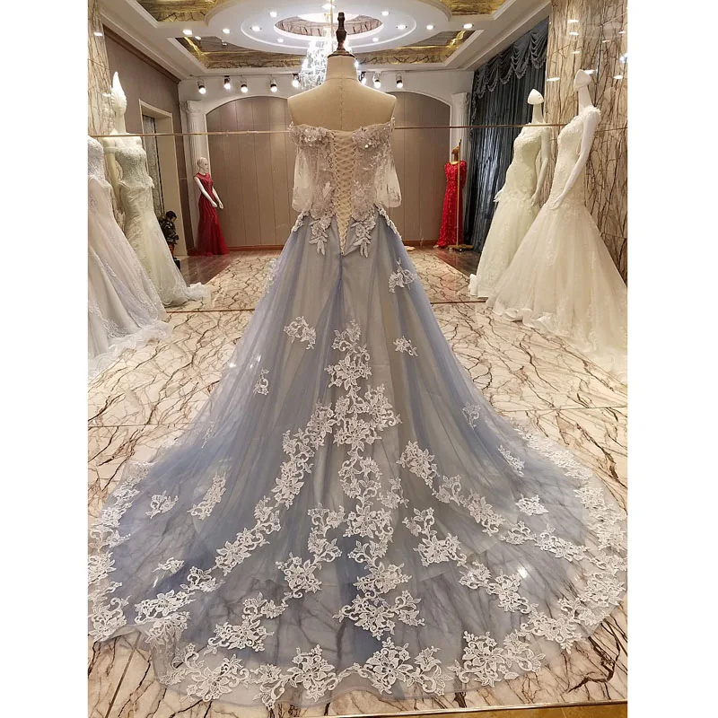 robe de soiree longue Gray Print Floral Appliques Beaded Evening Dresses Long 2017 Off The Shoulder Formal Dresses Evening Gowns