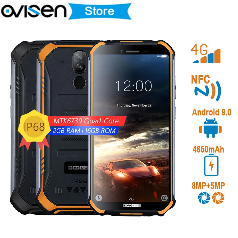 

DOOGEE S40 Rugged IP68/IP69K waterproof 4G Smartphone 5.5inch 4650mAh MT6739 Quad Core 3GB 32GB 8MP Android 9.0 NFC Mobile Phone
