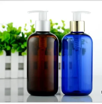

20pcs 250ml Amber Pet Shampoo Bottle 250cc clear blue Plastic Lotion gold Pump Bottle Cosmectic Cream Shampoo Container
