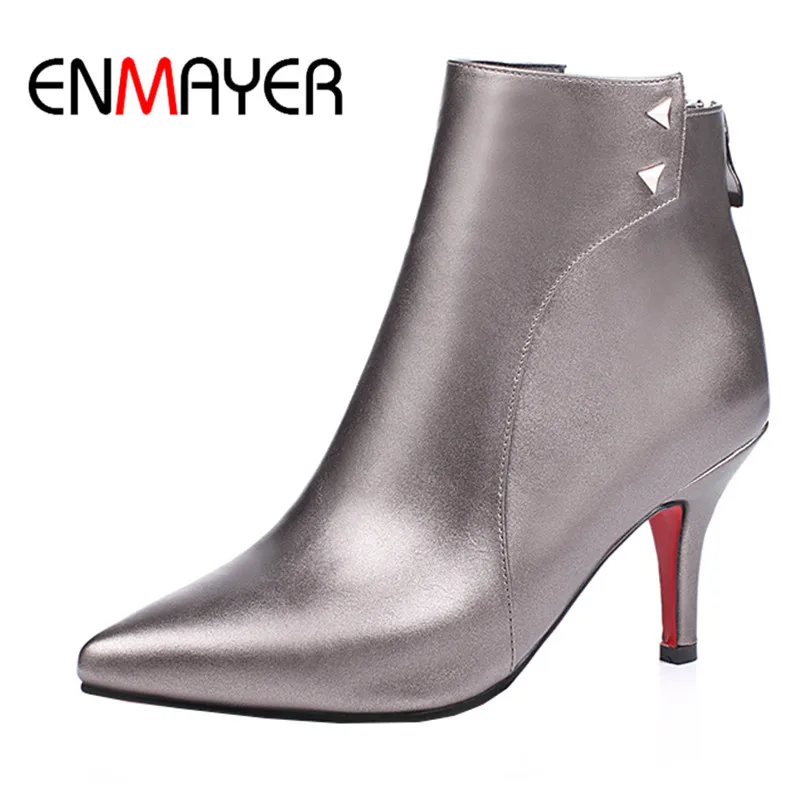 

ENMAYER PU Material Solid Pointed Toe Ankle Boots for Women Rivets Zipper Big size43 Thin heels High Boots Winter Boots Shoes