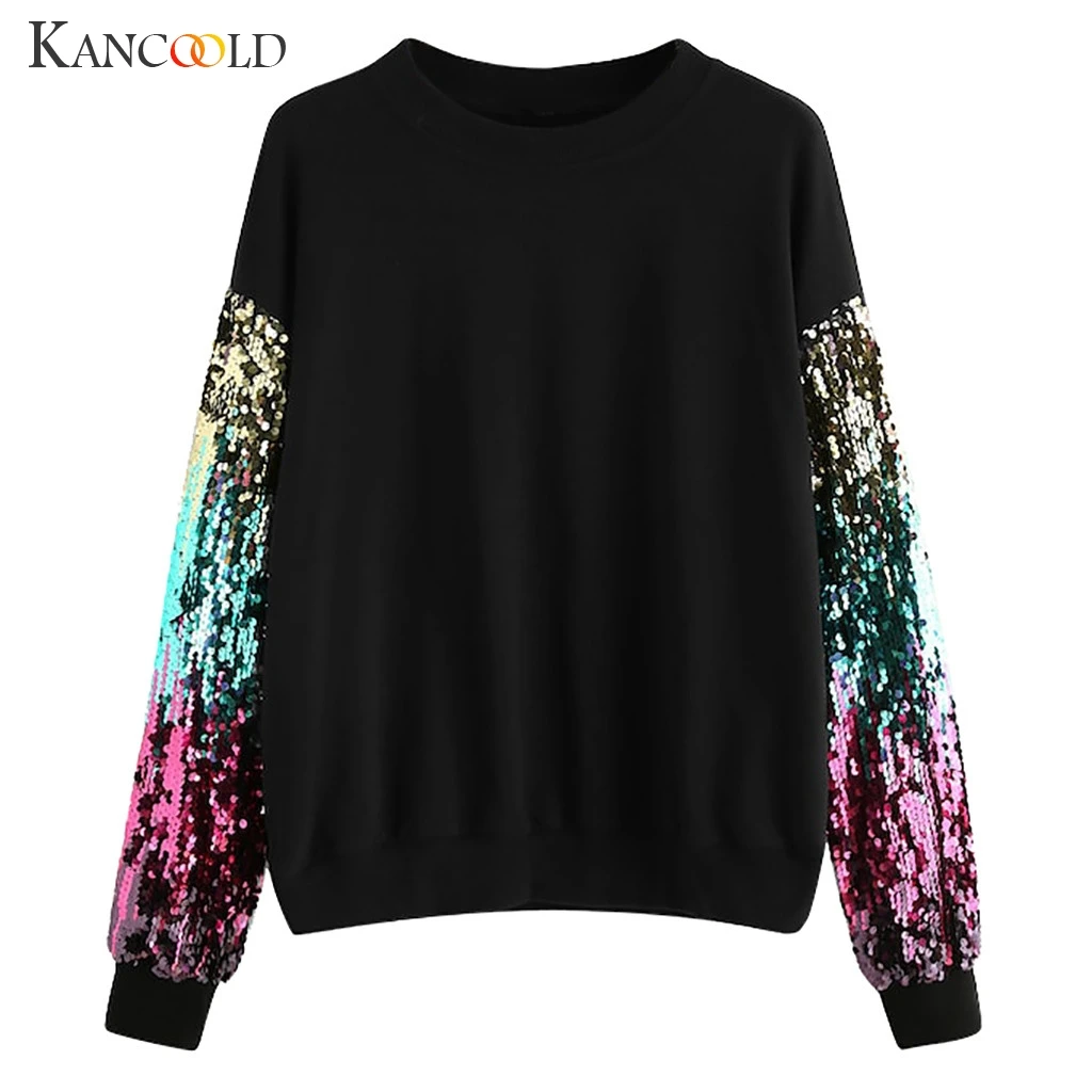 KANCOOLD top T-shirt Fashion Women girl Casual Long Sleeve Sequin T-shirt O-Neck Pullover Patchwork new top femme 2018dec25