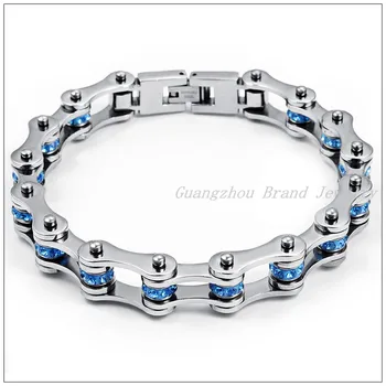 

8.46"*10mm Color Choose! 316L Stainless Steel Silver color Motorcycle Chain Women Men Bracelet Bangle With Bule Black Stone