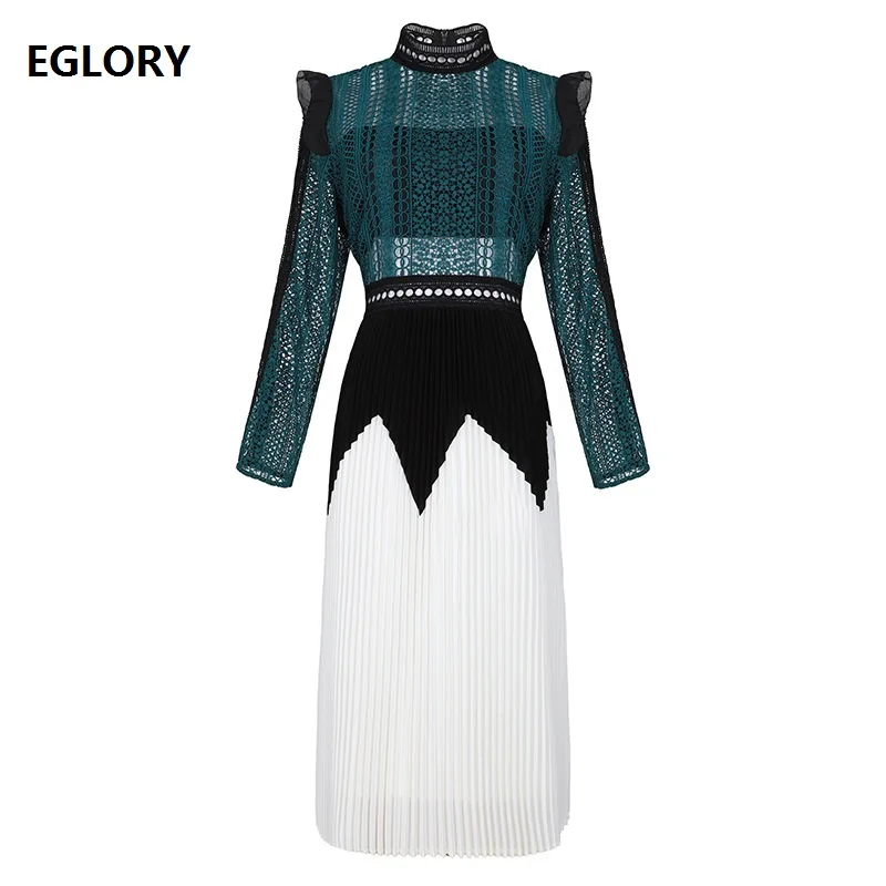 

Hollow Out Embroidery Dress 2019 Spring Summer Party Evening Vestidos Women Crochet Lace Pleated Long Sleeve Dress High Quality