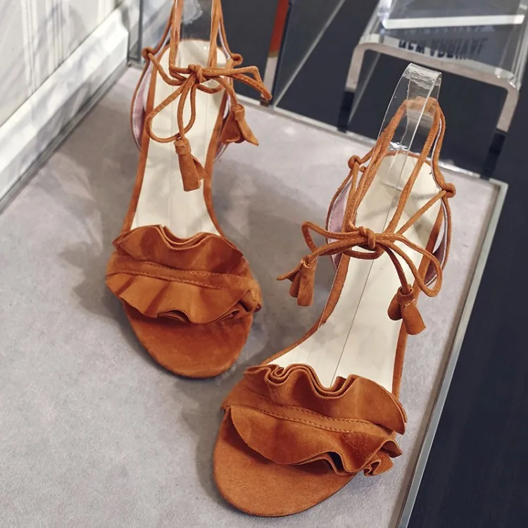 Gladiador Mujeres Hasta Nueva Sandalias Mujer Bombas Slingback Verano Tacones Playa Ruffles Encaje Zapatos Chunky Borla 5ptqBHwgH