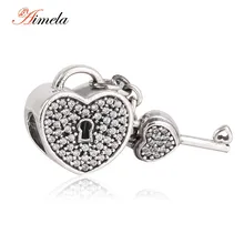 AIMELA 925 Plata Esterlina Pavimenta la CZ Perlas Del Corazón Lock & Key con AAA Zirconia Cúbico Para Las Mujeres Famous Brand Pulseras DIY SH0591